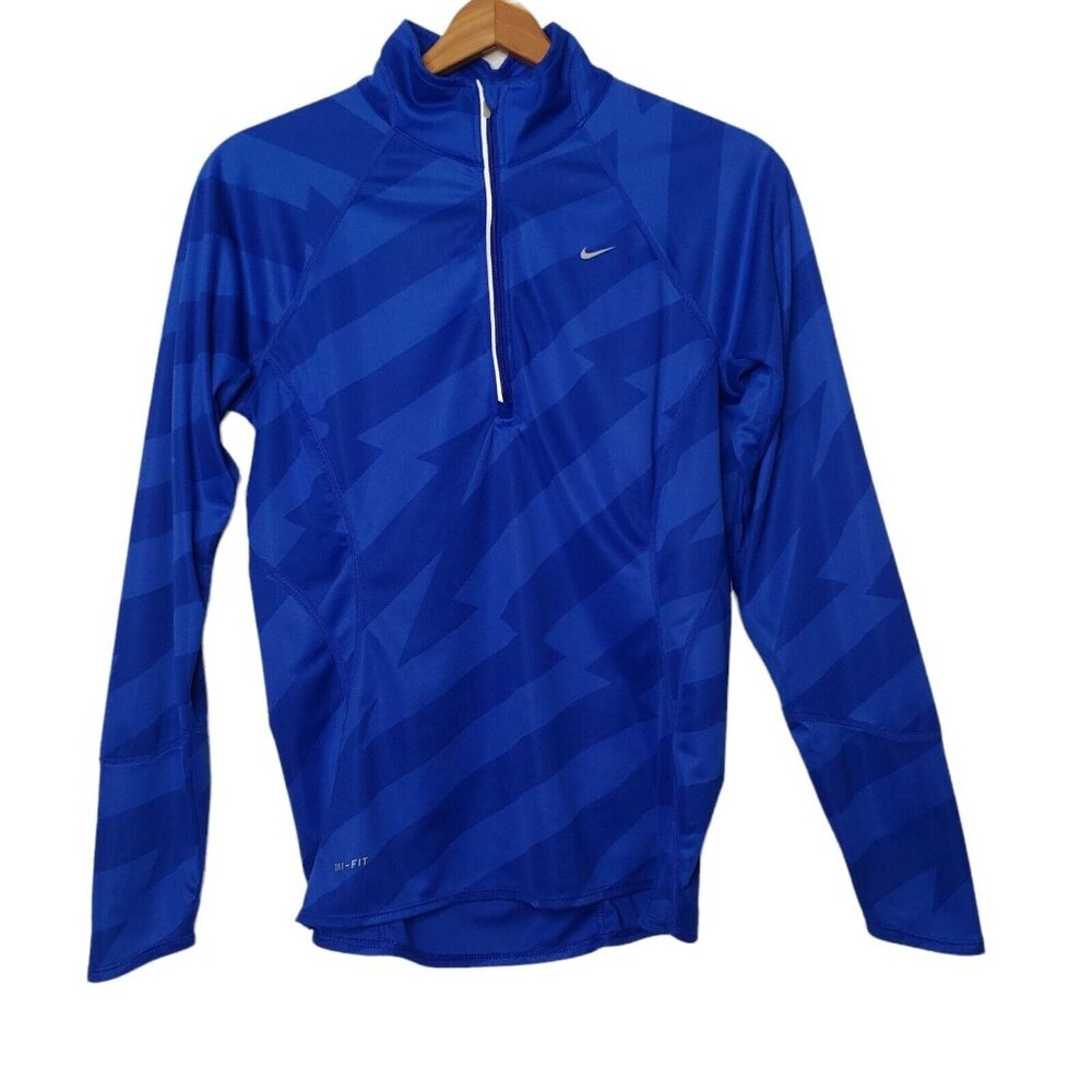 Nike Dri Fit Womens M Shirt Long Sleeve Running Athletic Blue Geometric 1/4 Zip